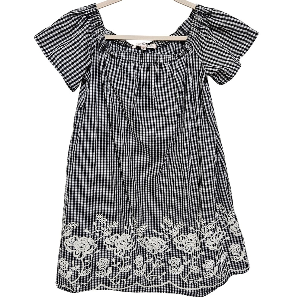 Magnolia Skye Gingham Mini‎ Dress Boho Cotton Floral Embroidered Black White M